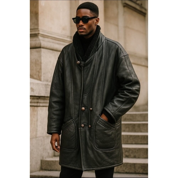 Men's Long Black Leather Shearling Coat  Vintage Double-Breasted Winter Jacket L - Picture 1 of 16